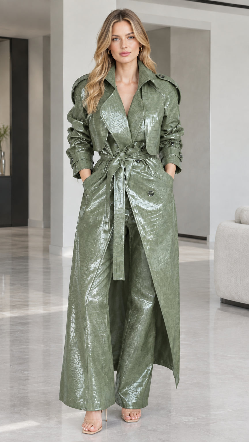 Woman wearing Sage Green croc-embossed faux leather maxi trench coat