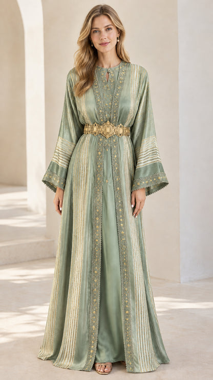 Sage green modest kaftan maxi dress with gold embroidered detailing