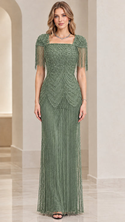 Front view of sage green beaded formal evening gown with fringe skirt
