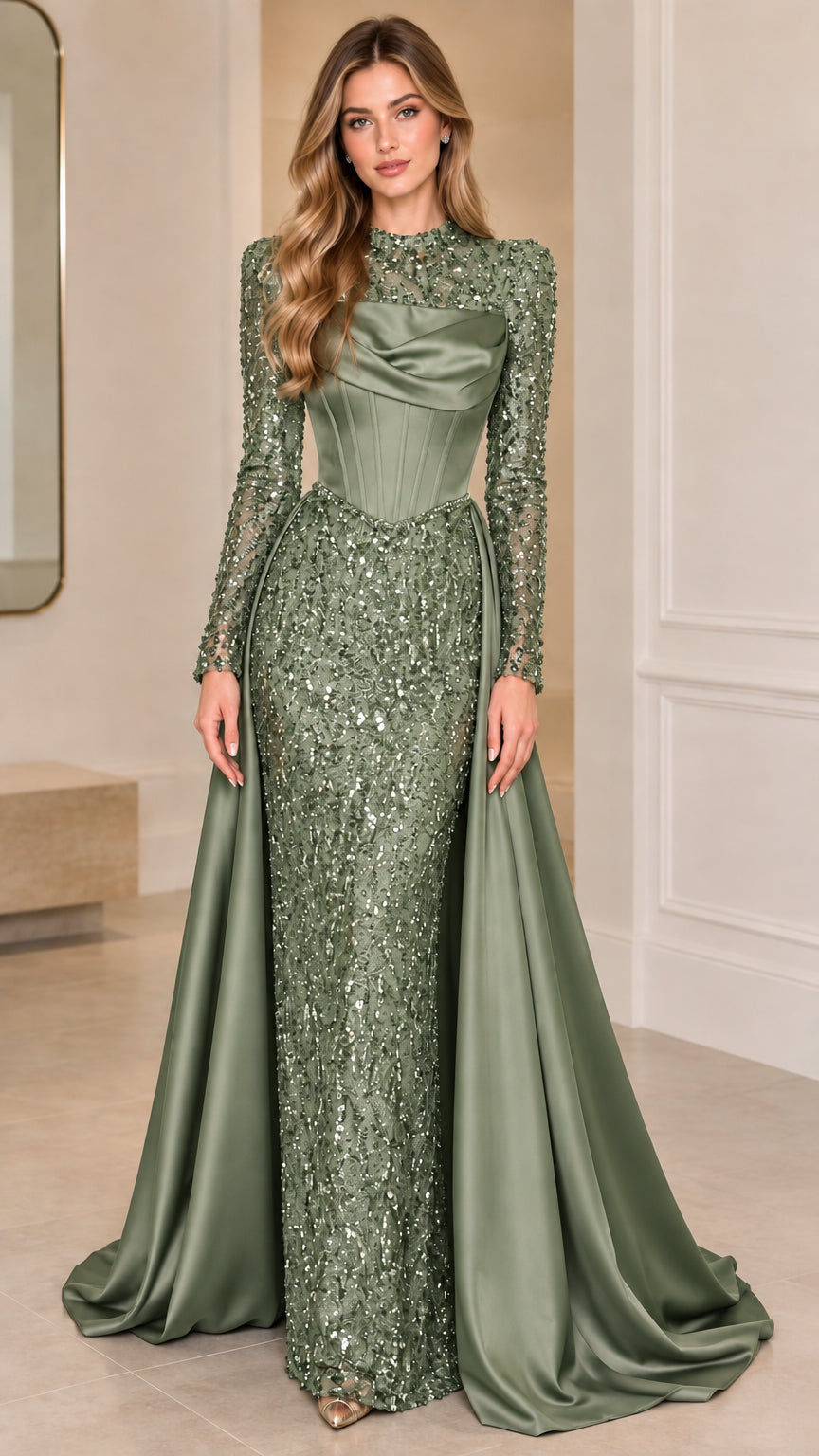 Sage green sequin long sleeve formal dress with satin waist and sweeping train