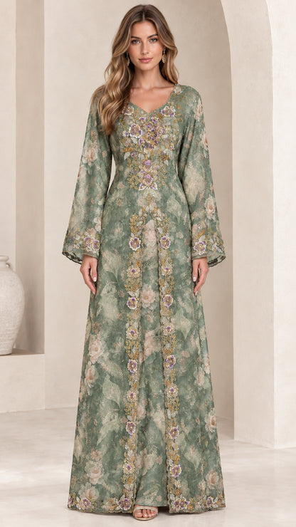 Front view of sage green floral embroidered bell sleeve maxi dress