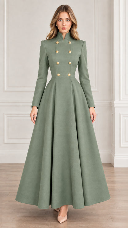 Front view of sage green double-breasted high neck flared maxi coat
