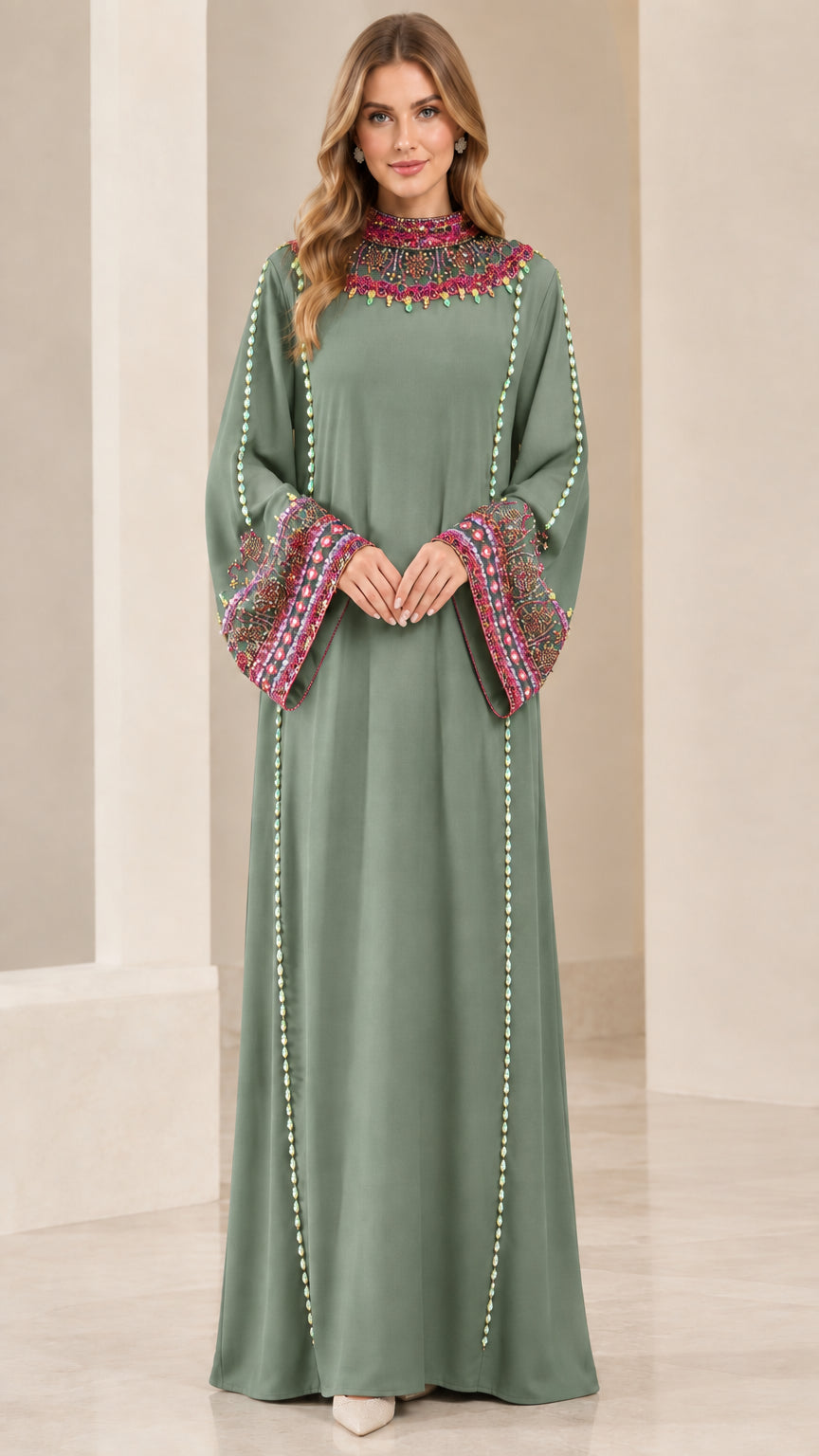 Front view of model wearing Sage Green embellished kaftan maxi dress