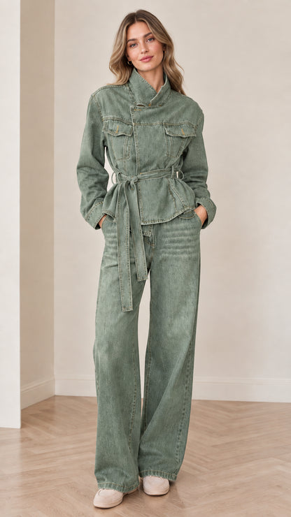 Front view of woman wearing Sage Green belted denim jacket and wide-leg pants matching set