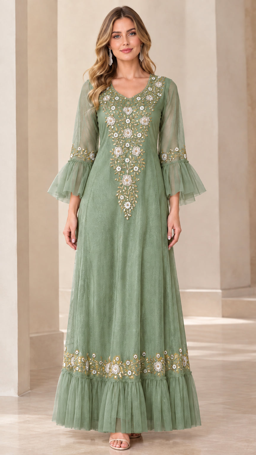 Sage green floor-length embroidered evening dress with bell sleeves