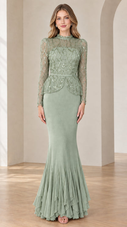Front full-length view of sage green long sleeve beaded formal peplum gown