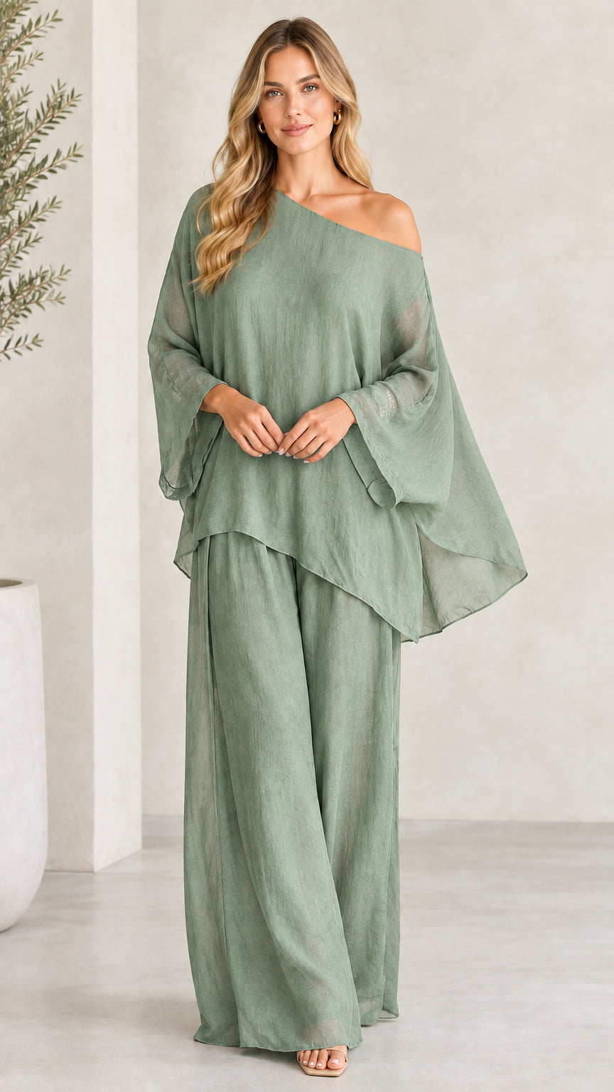 Front view of woman wearing Sage Green one-shoulder matching two-piece set