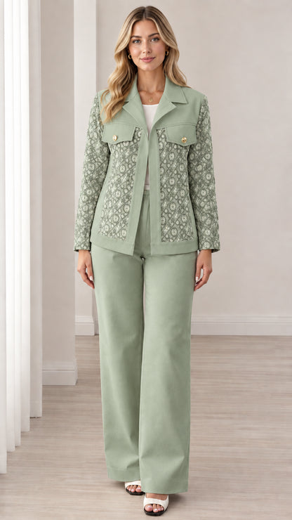 Model wearing Sage Green jacquard panel two-piece pant suit set