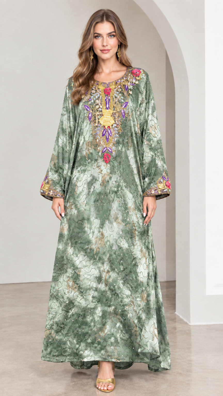 Sage green tie-dye embellished kaftan maxi dress