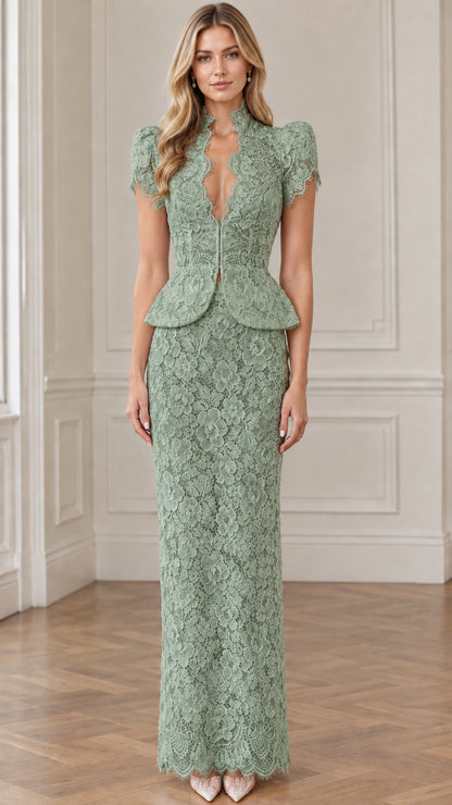 Front view of sage green floral lace peplum column gown