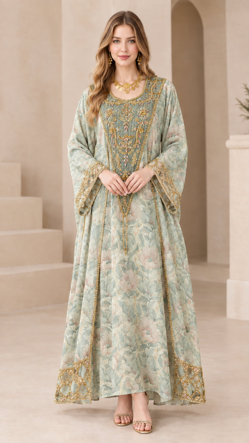 Sage green floral embroidered kaftan maxi dress