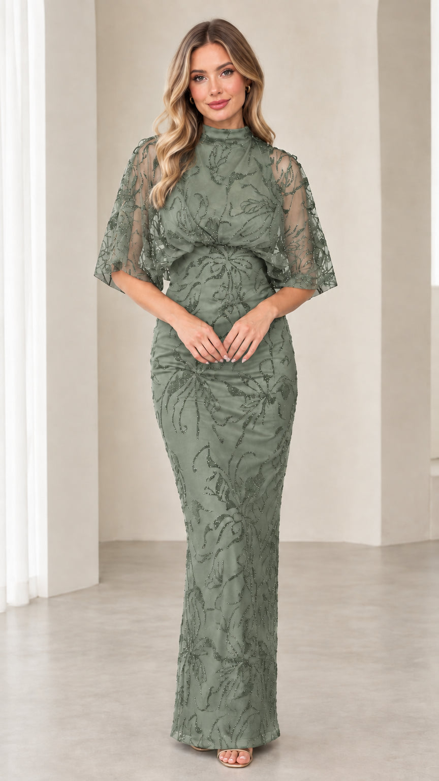 Model wearing Sage Green beaded mock neck flutter sleeve gown