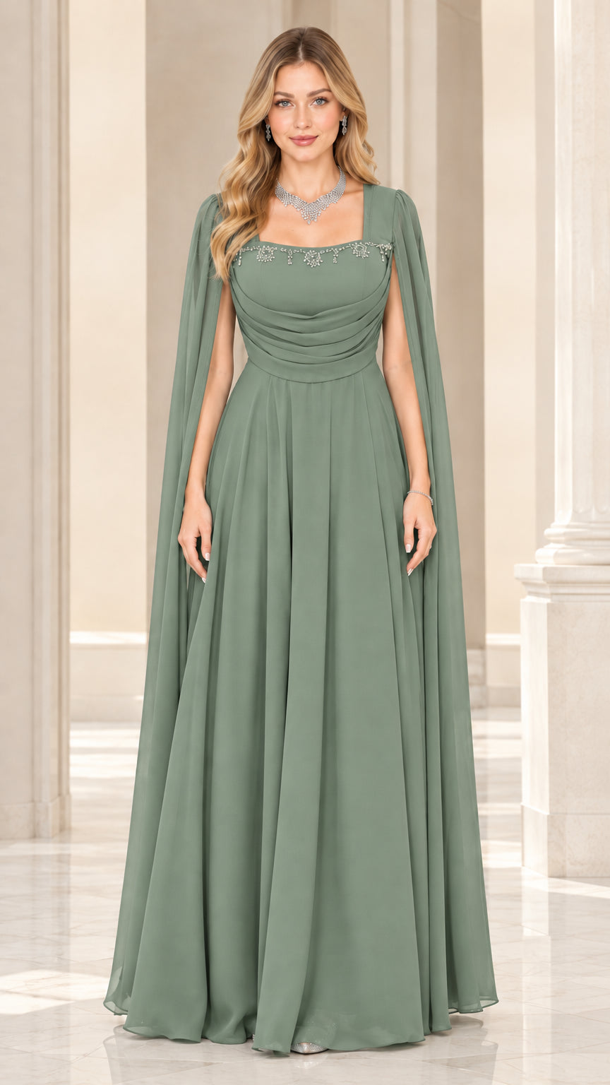 Front view of sage green cape sleeve beaded chiffon evening maxi dress