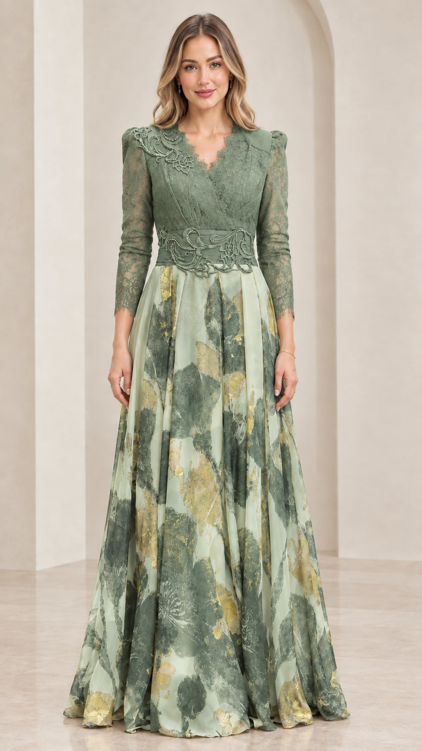 Front view of sage green lace bodice evening gown with matching printed skirt