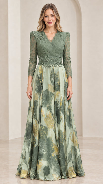 Front view of sage green lace bodice evening gown with matching printed skirt