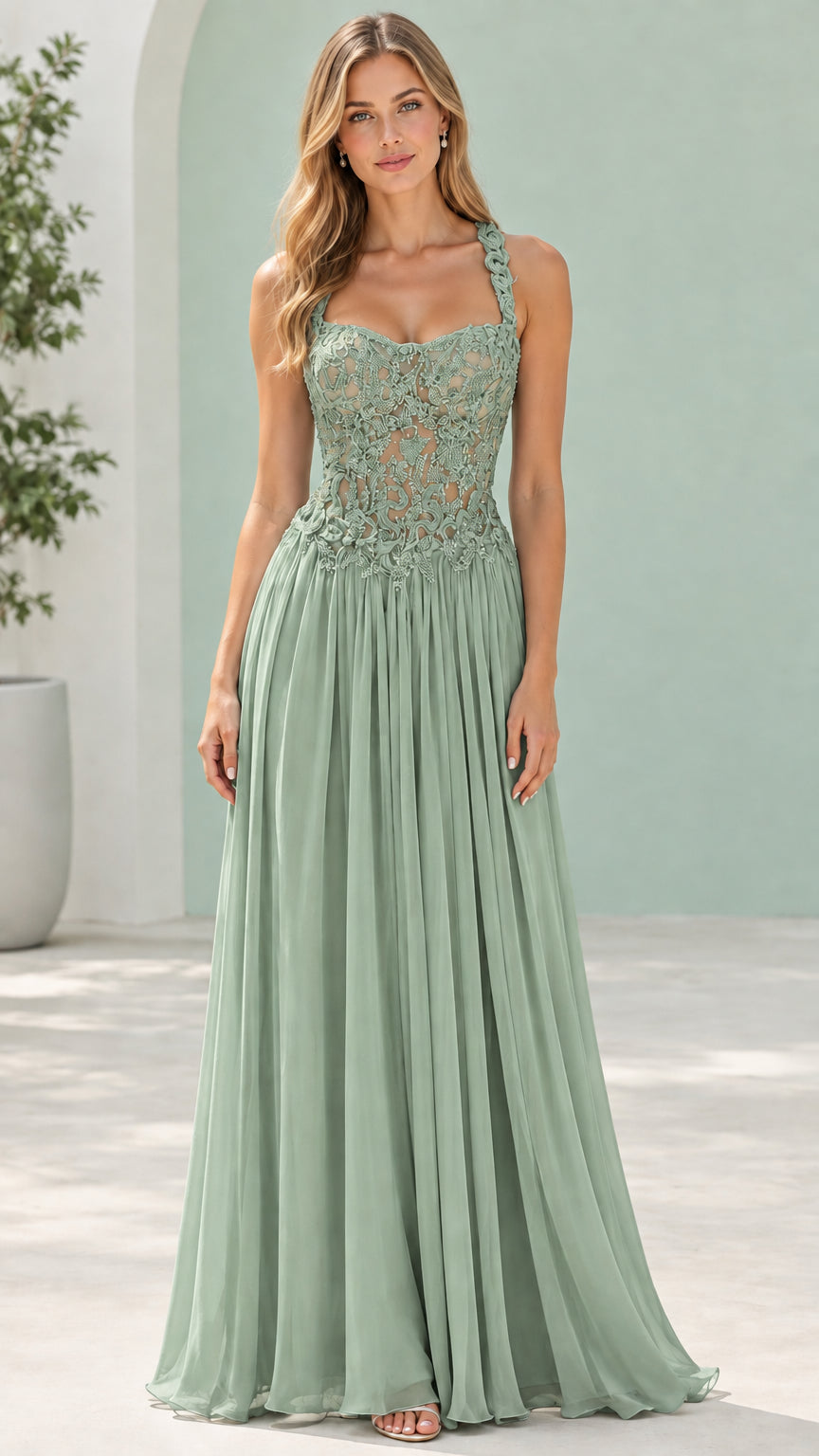 Sage Green sweetheart neckline pleated chiffon evening maxi dress