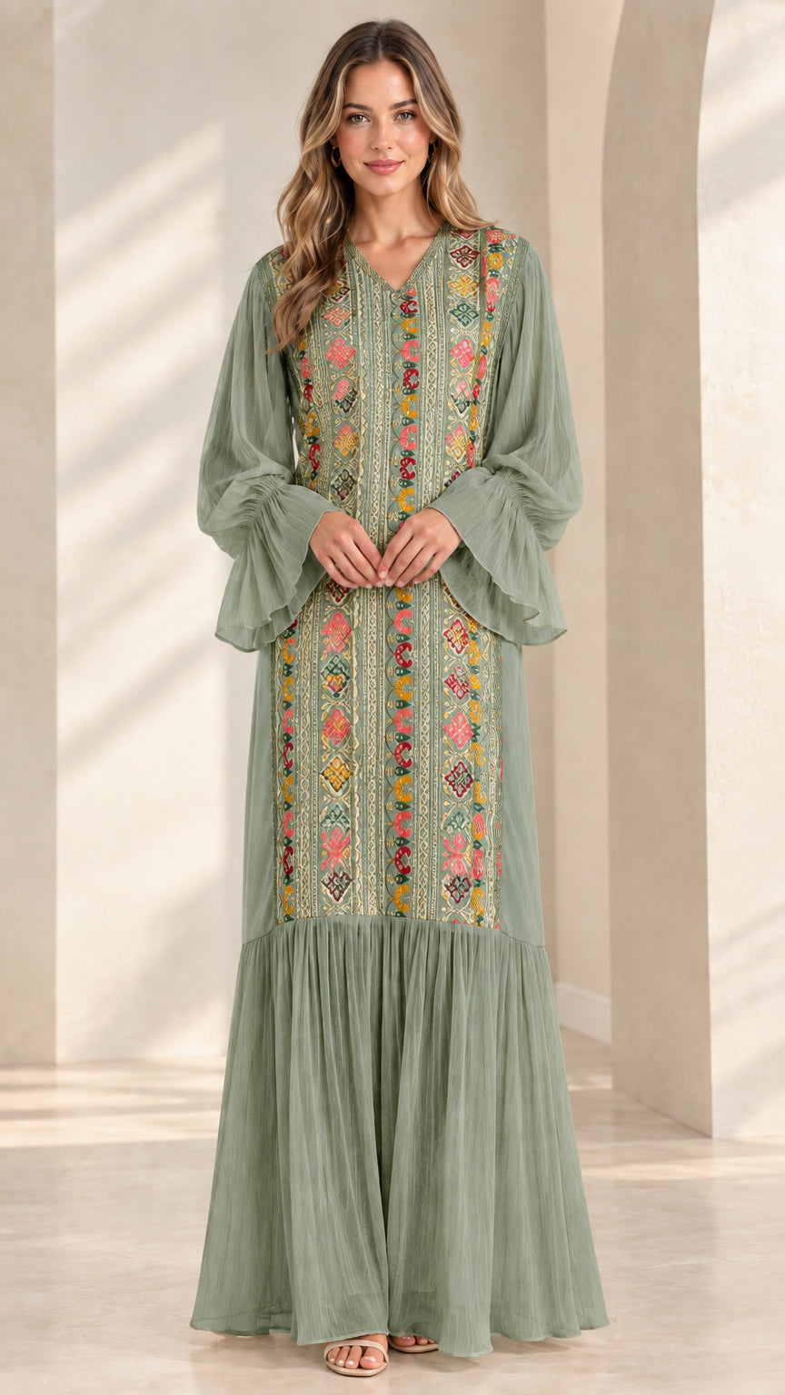 Sage green embroidered-style panel maxi dress with flowing hem
