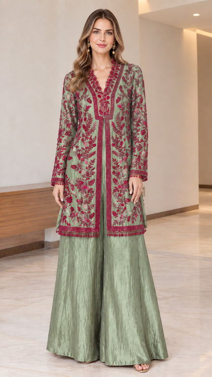 Sage green embroidered floral longline tunic and wide-leg pant set