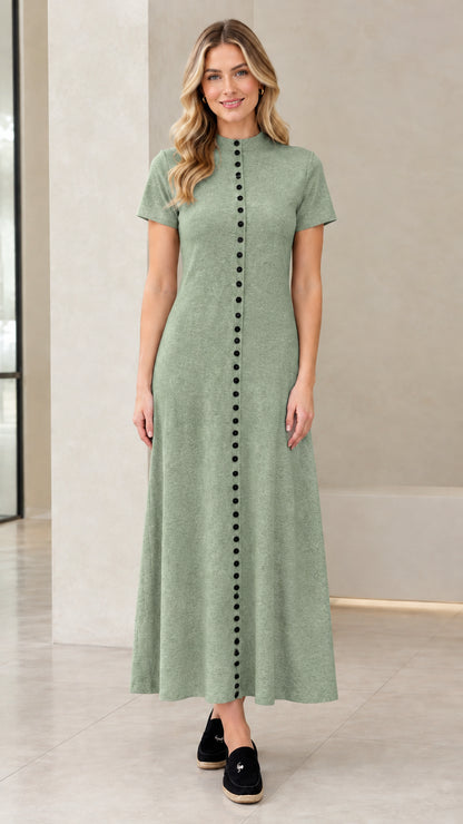 Full-length front view of woman wearing Sage Green button-front short sleeve maxi dress