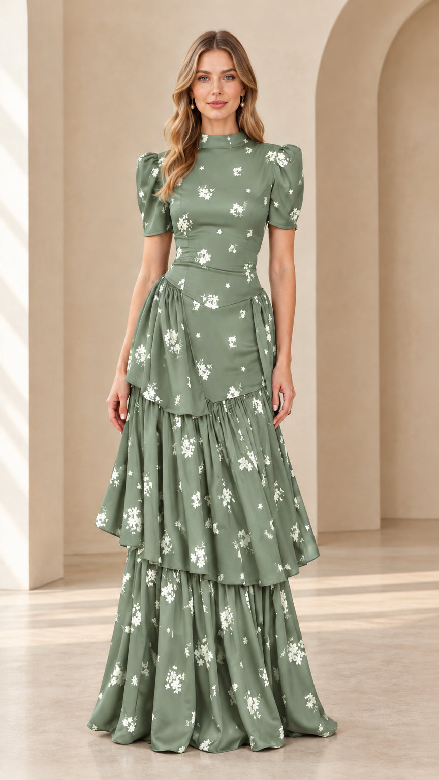 Model wearing sage green floral print puff sleeve tiered maxi dress
