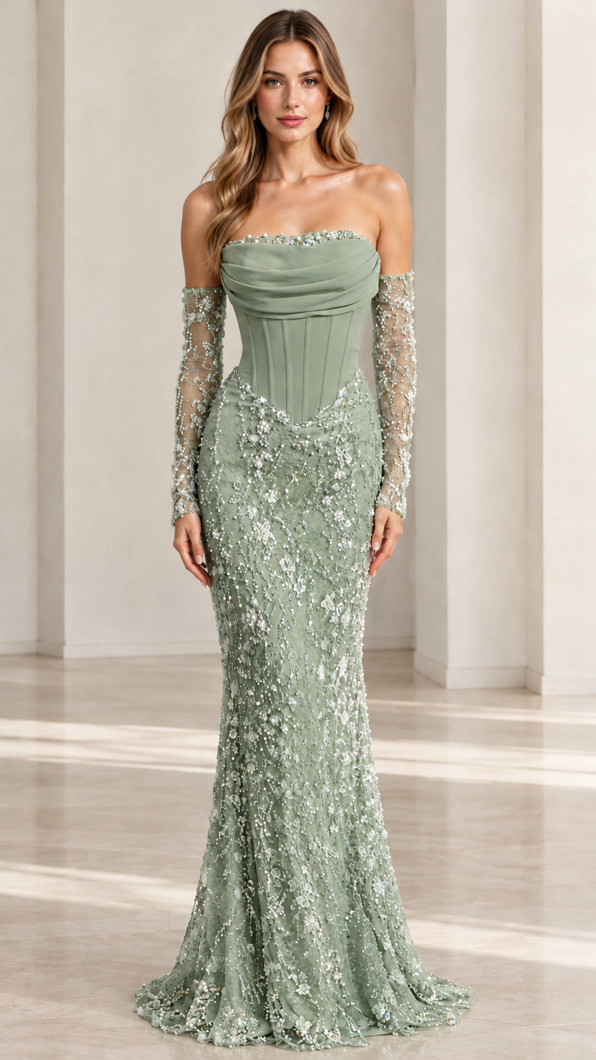 Woman wearing Sage Green embellished corset trumpet formal gown