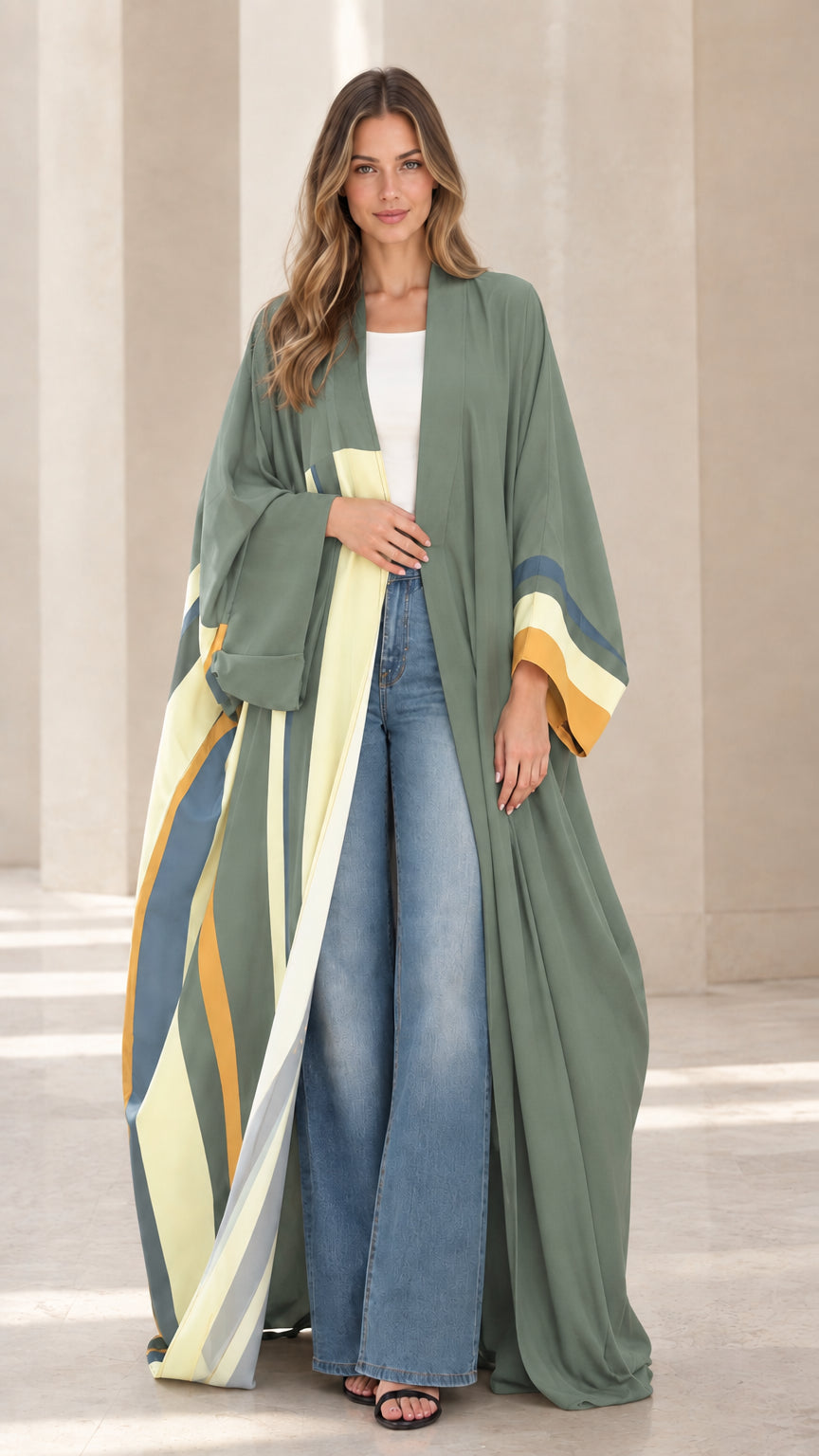 Full-length front view of sage green colorblock open-front maxi duster robe