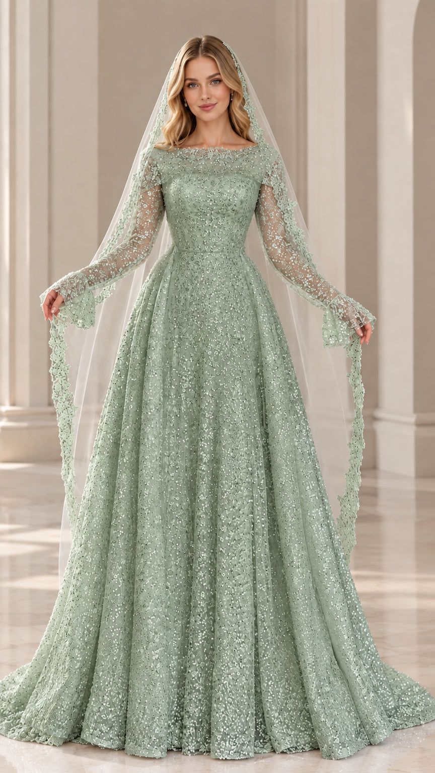 Model wearing sage green sequin embellished long sleeve A-line gown
