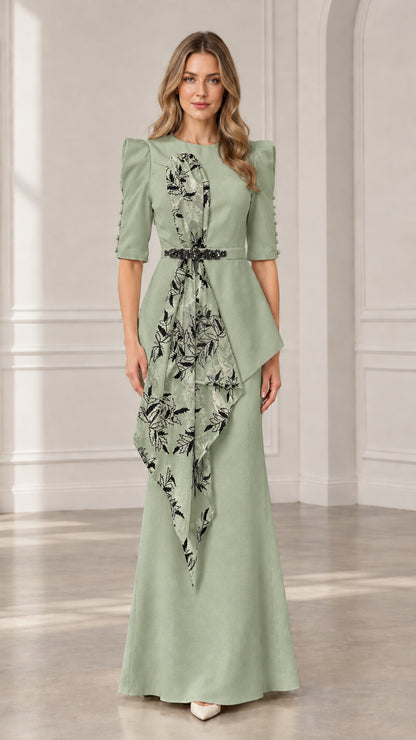 Sage green peplum evening gown with floral drape