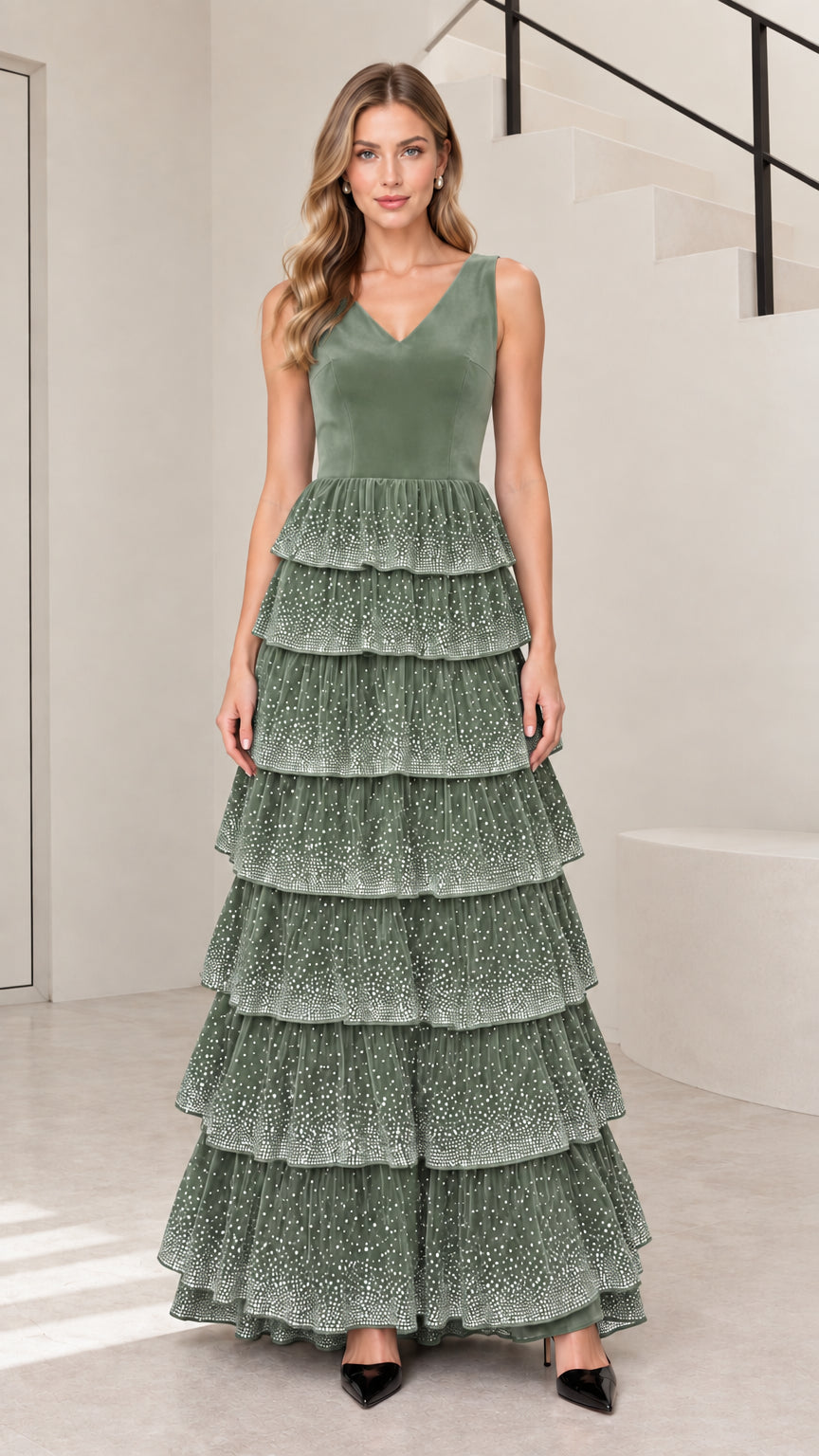 Sage green sleeveless velvet bodice tiered maxi formal gown
