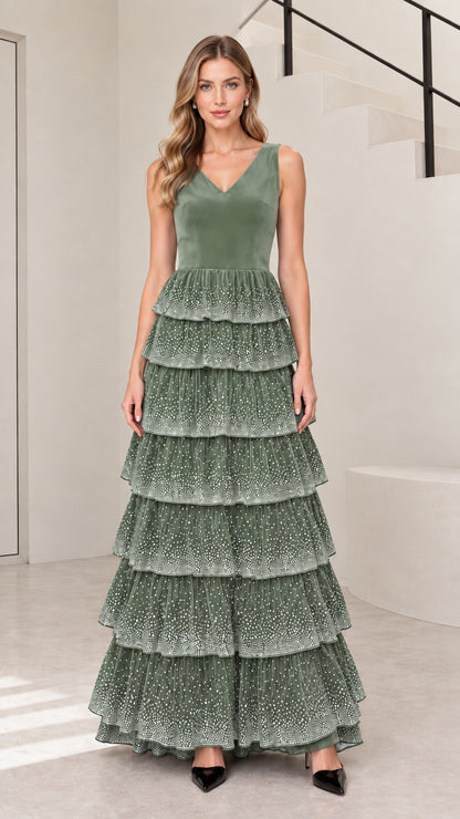 Sage green sleeveless velvet bodice tiered maxi formal gown