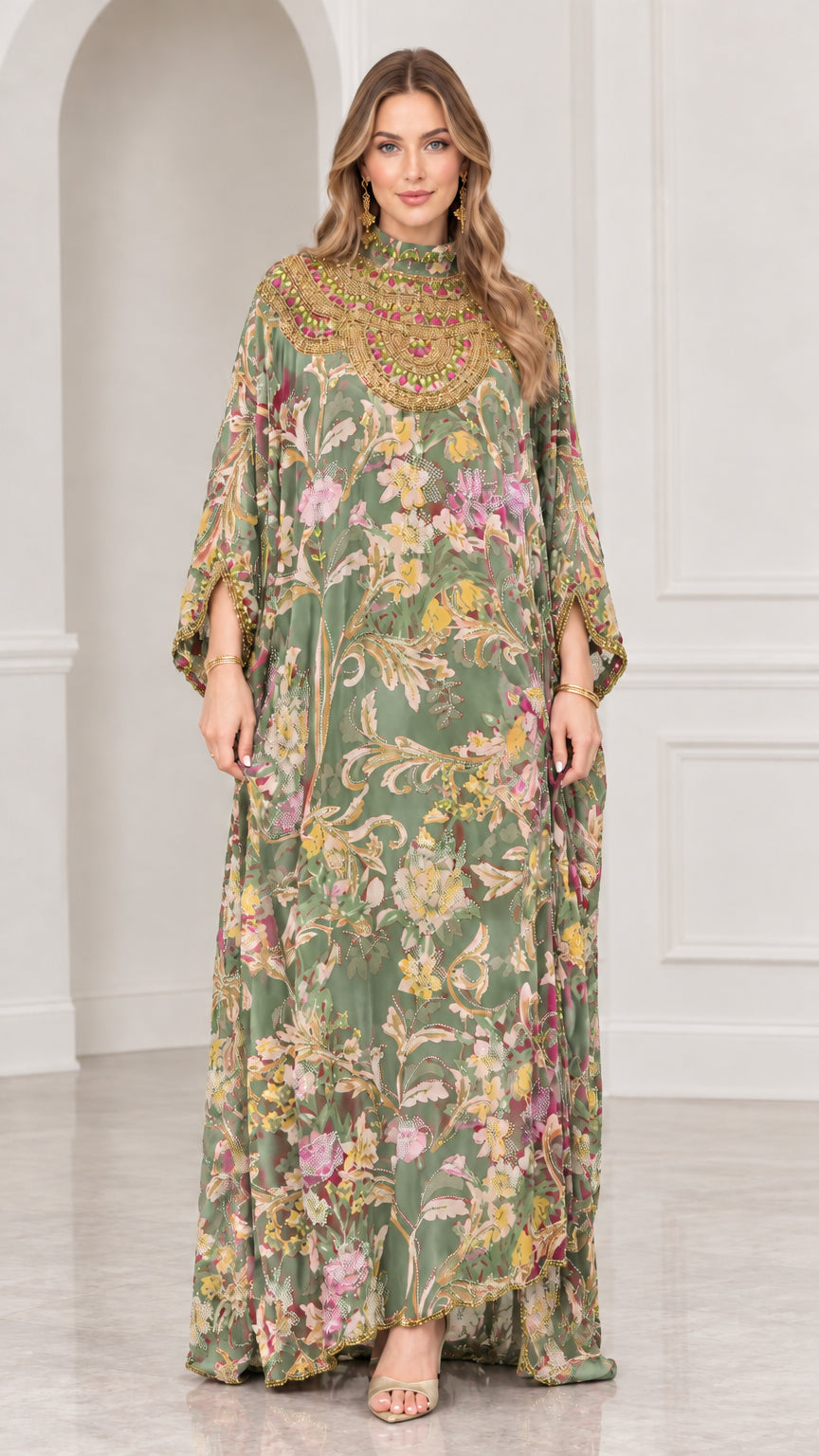 Model wearing Sage Green floral print embellished kaftan maxi dress
