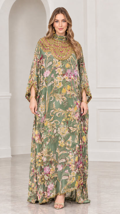 Model wearing Sage Green floral print embellished kaftan maxi dress