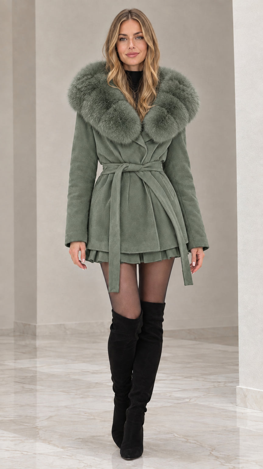 Front view of model wearing sage green faux fur hooded belted wrap coat with black boots