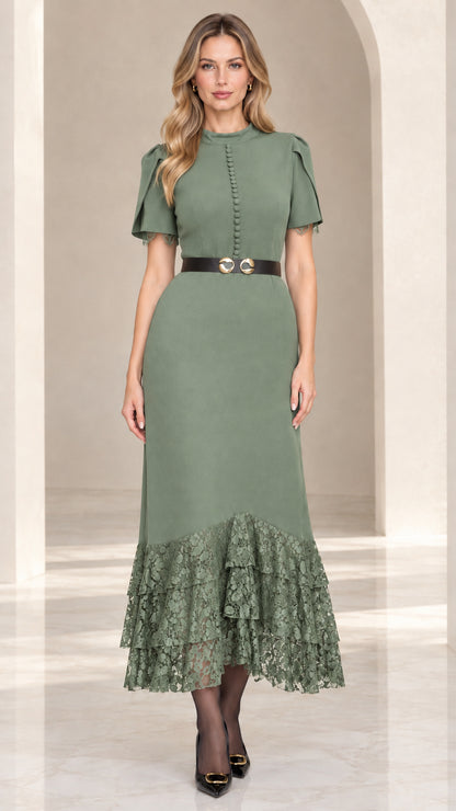 Front view of model wearing sage green lace hem flutter sleeve midi dress