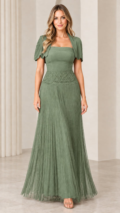 Front view of woman wearing sage green pleated maxi evening dress with matching jacket