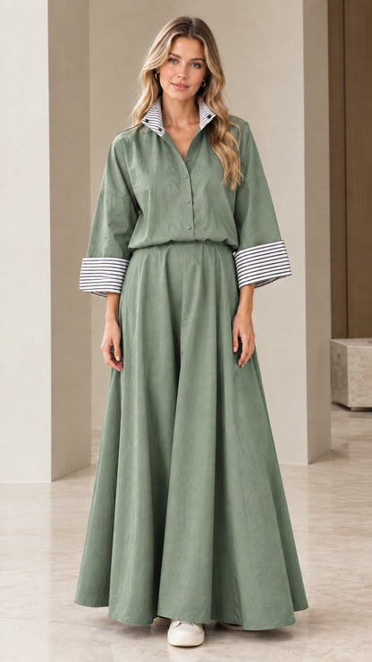 Sage green two-piece shirt and maxi skirt set with striped trim