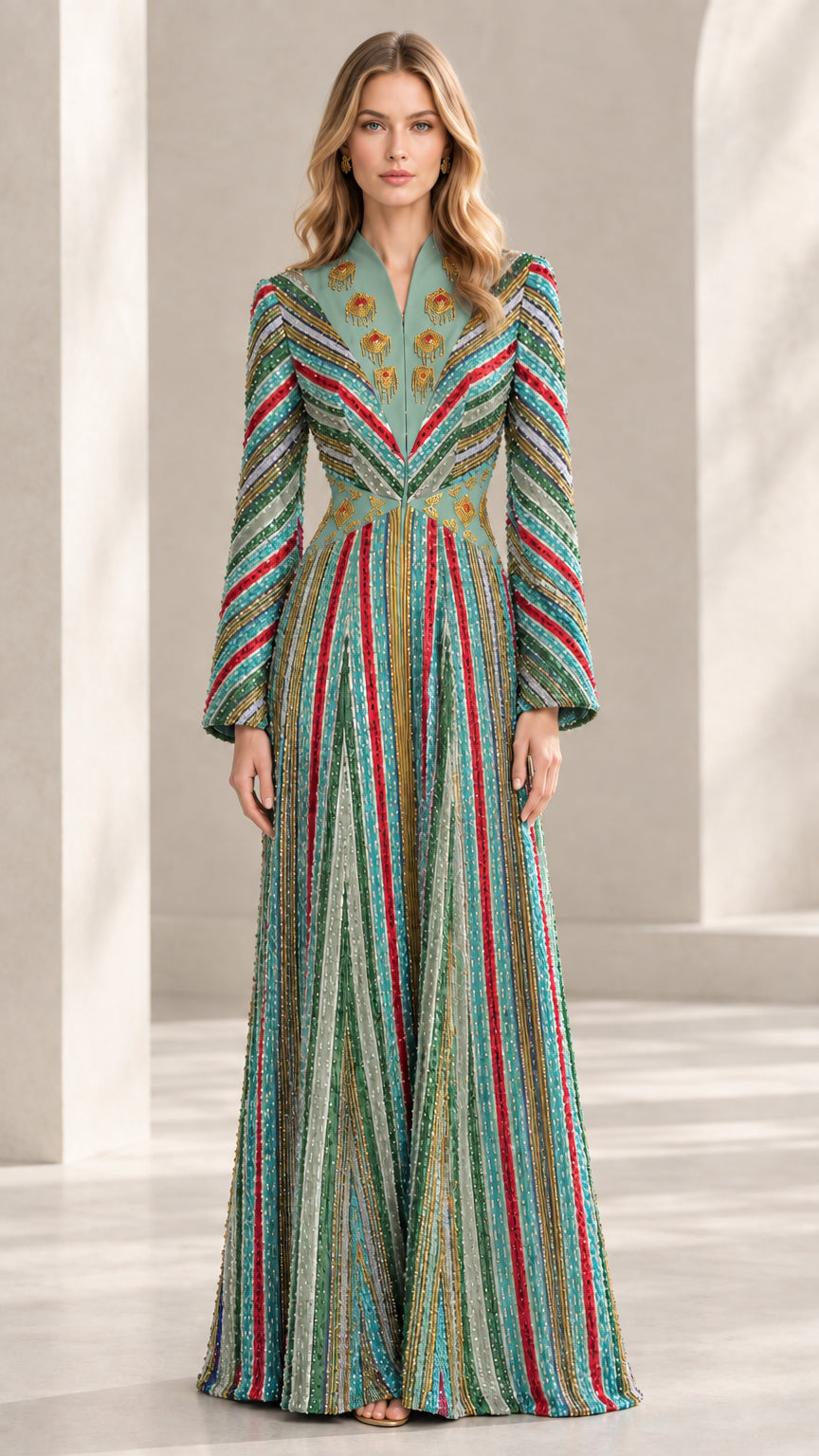 Model wearing Sage Green embellished striped kaftan maxi dress