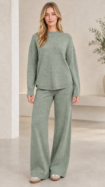 Women's sage green two-piece knit lounge set with wide leg trousers