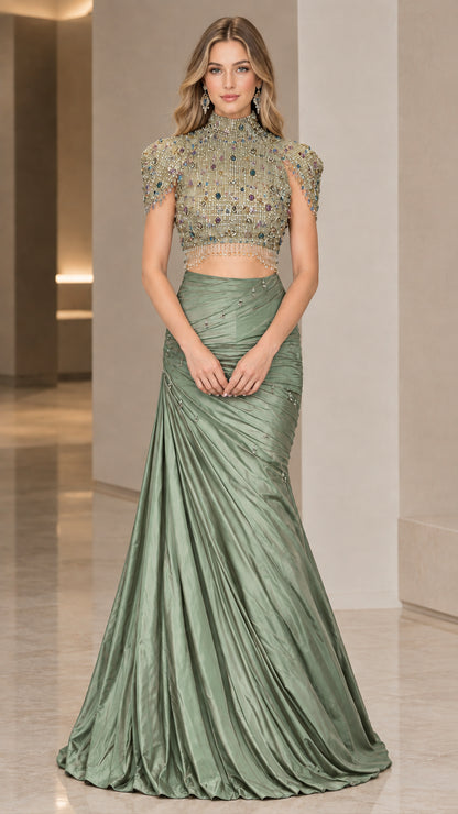 Full-length sage green two-piece beaded high-neck evening dress