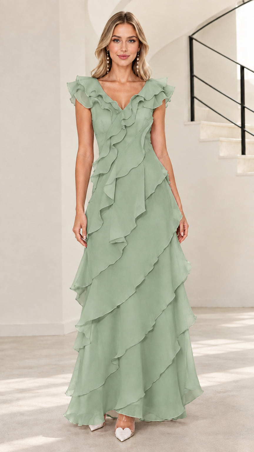Front view of sage green tiered ruffle V-neck maxi bridesmaid dress