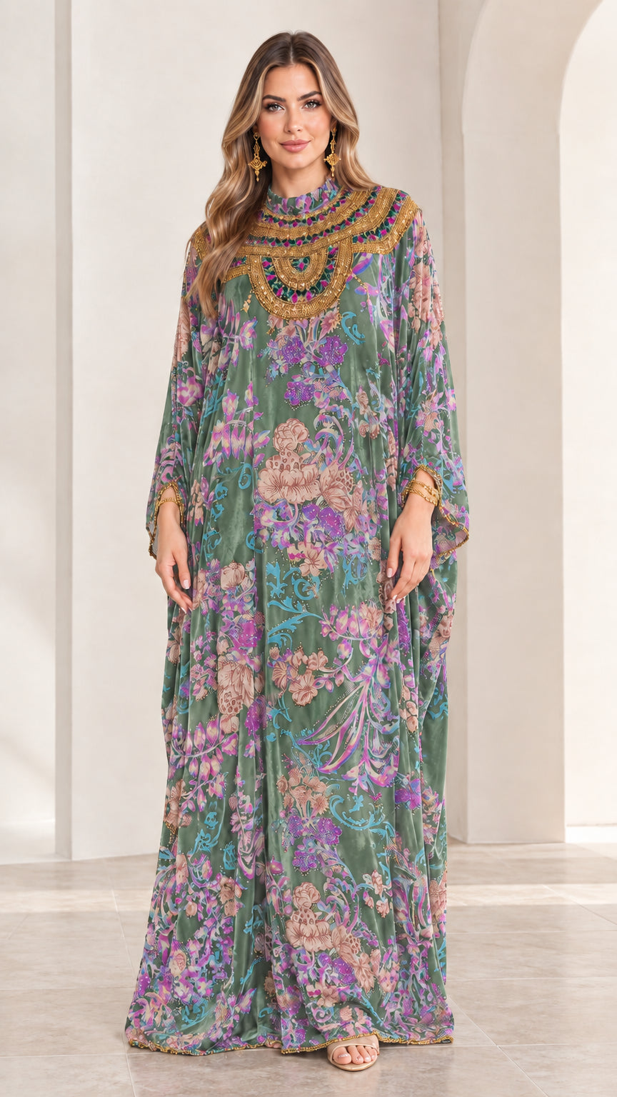 Front view of model wearing Sage Green floral velvet embellished kaftan maxi dress