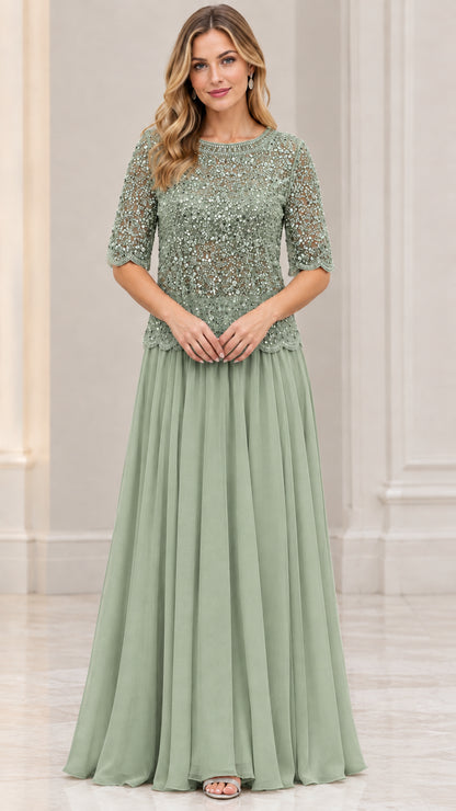 Model wearing Sage Green beaded bodice half sleeve formal maxi dress