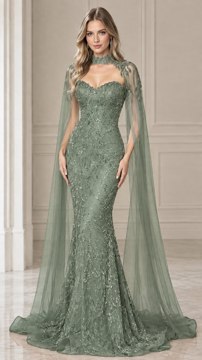 Sage green sequin formal evening gown with sheer high-neck cape overlay