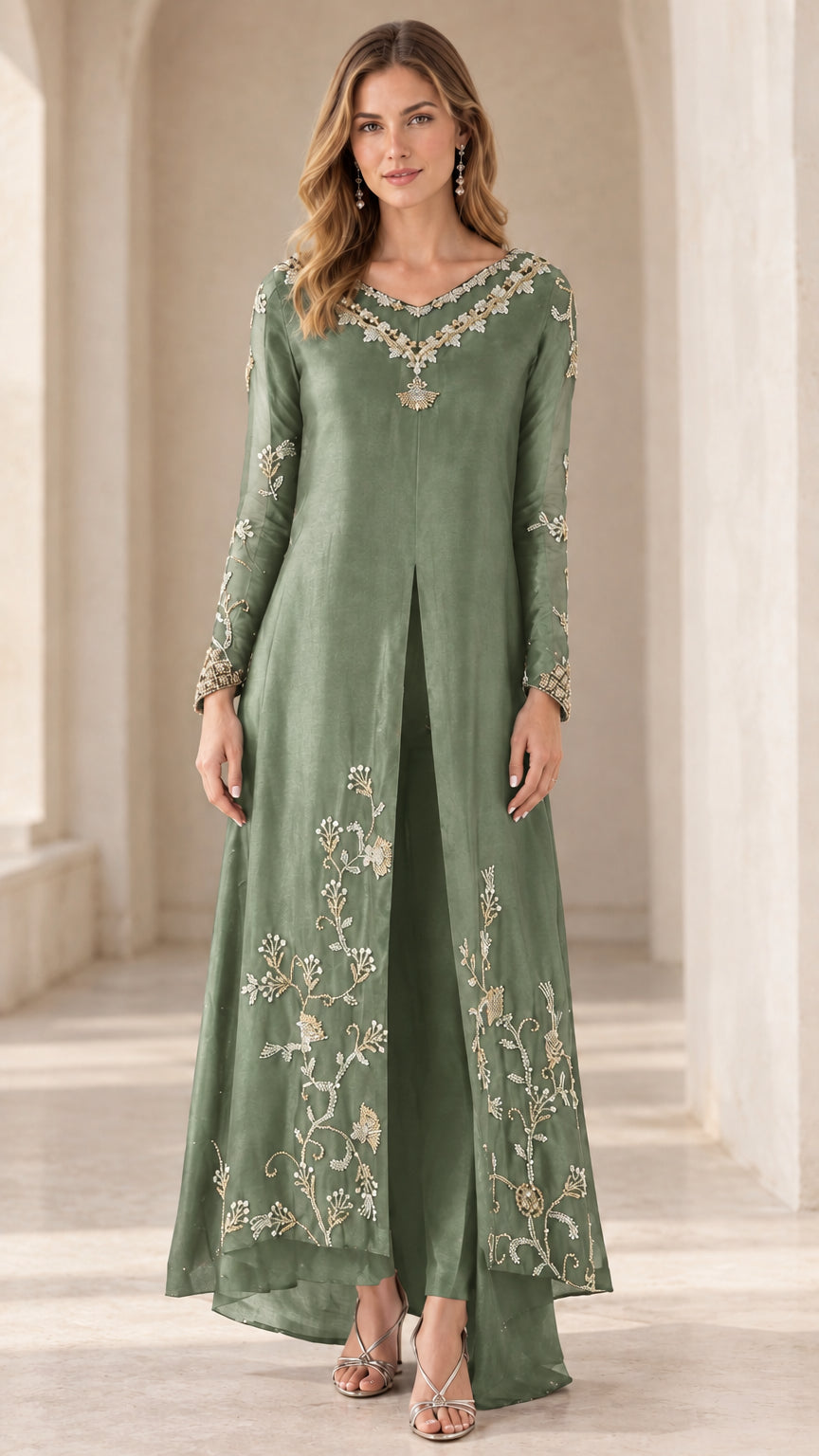 Full-length front view of sage green embroidered long tunic and pants set