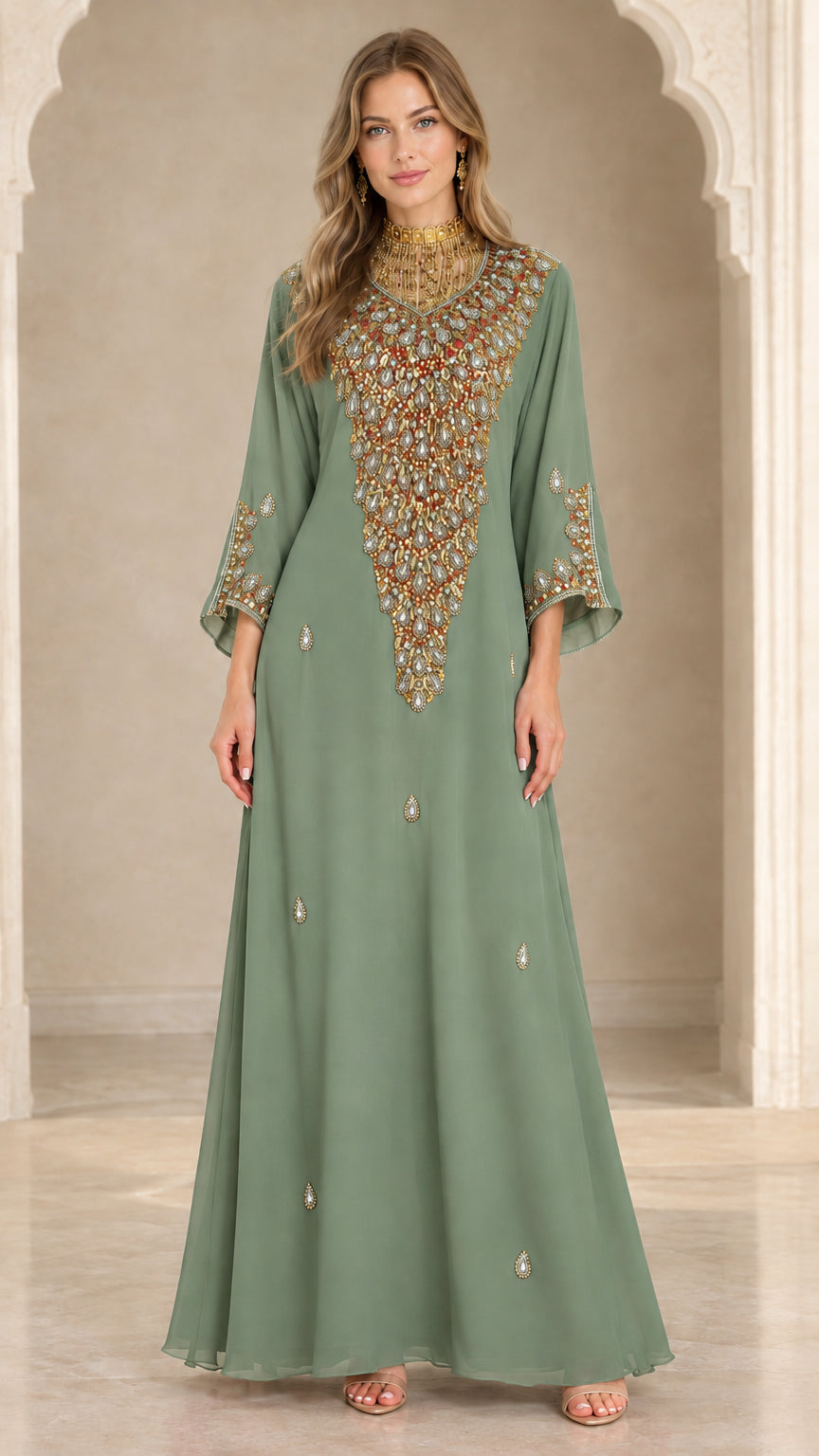 Front full view of sage green embellished kaftan gown