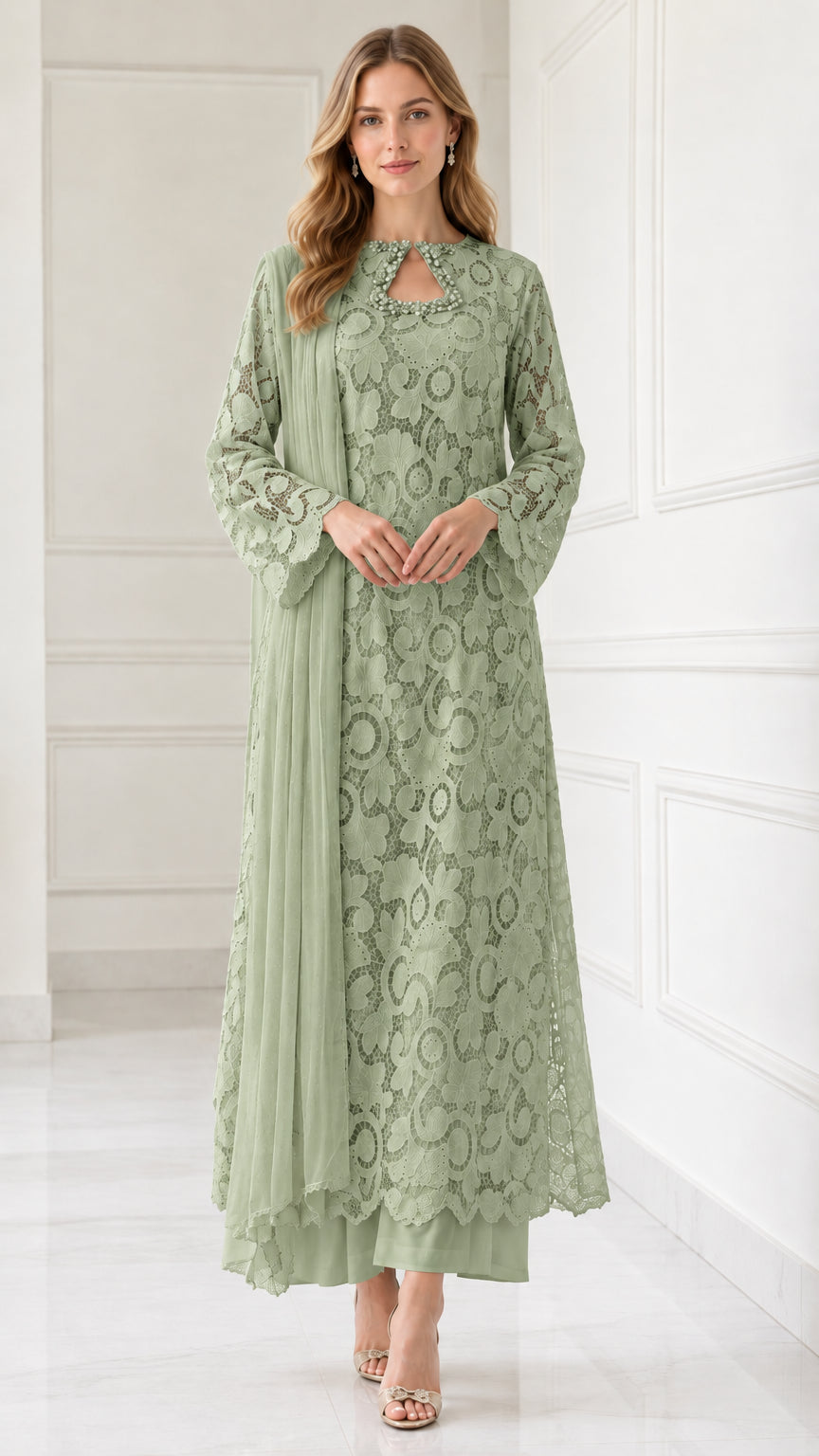 Full-length view of Sage Green floral lace 3-piece tunic set with scarf