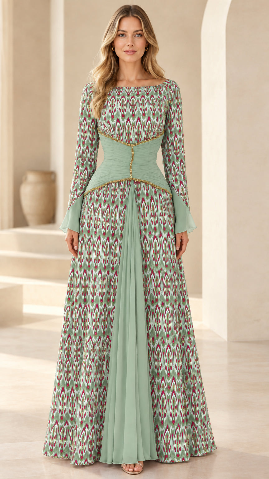 Sage green ikat print long sleeve maxi dress with mint contrast waist panel