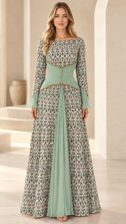 Sage green ikat print long sleeve maxi dress with mint contrast waist panel