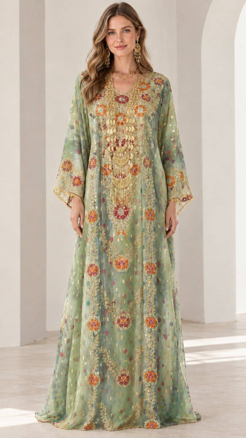 Front view of sage green embroidered kaftan maxi dress with gold detailing