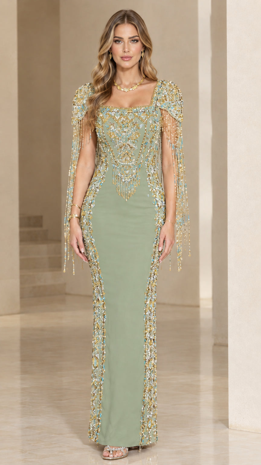 Sage Green embellished floor-length column gown with crystal detailing